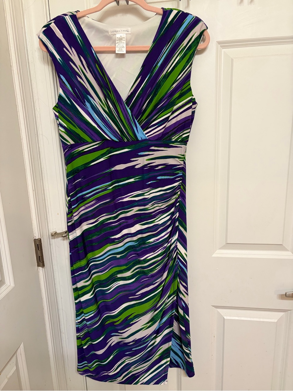 London Times V-Neck Midi Dress in Purple, Green & White Wave Print